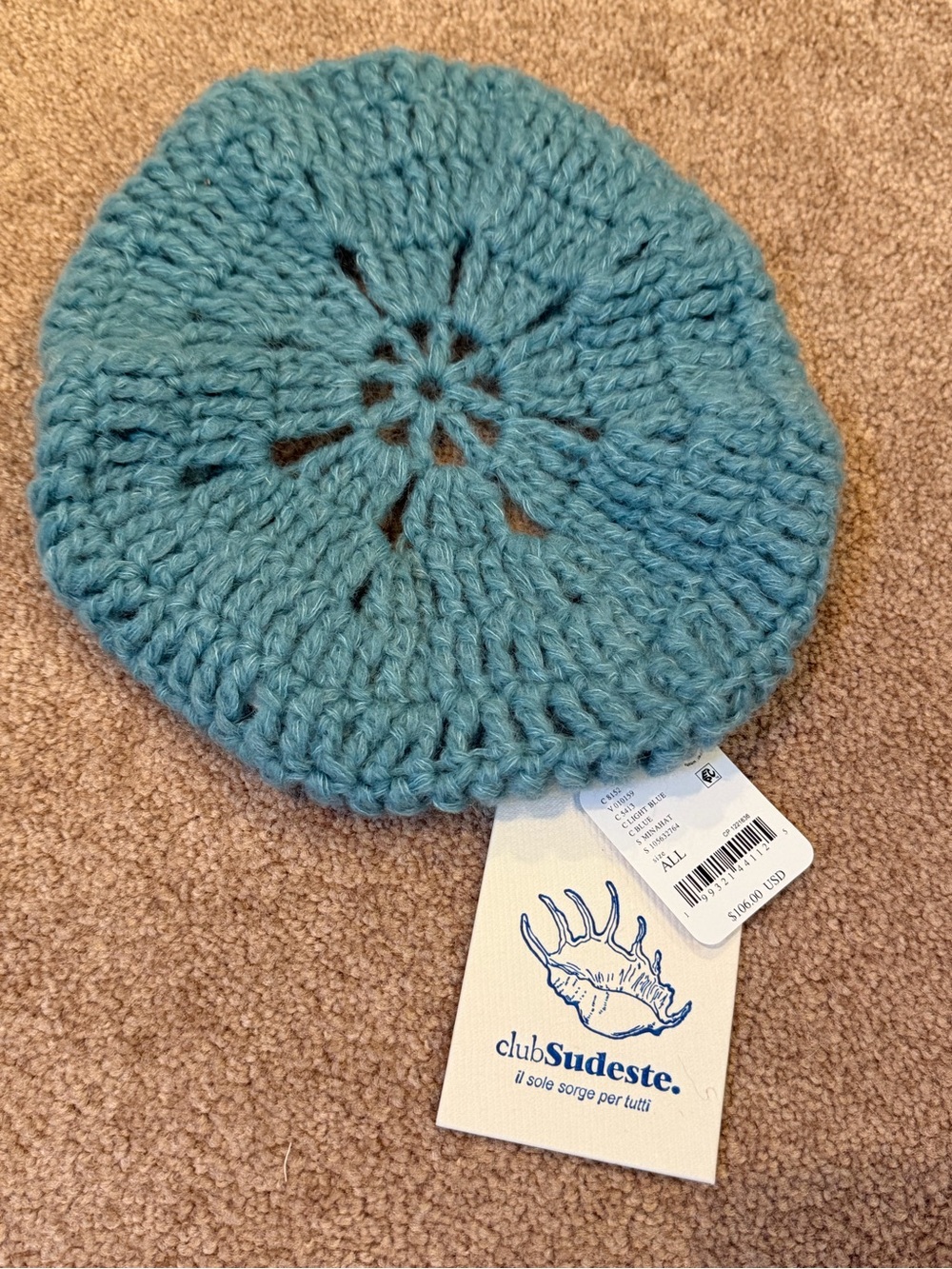 NWT Free People x Club Sudeste Chunky Crochet Beret Hat light Blue mohair Knit